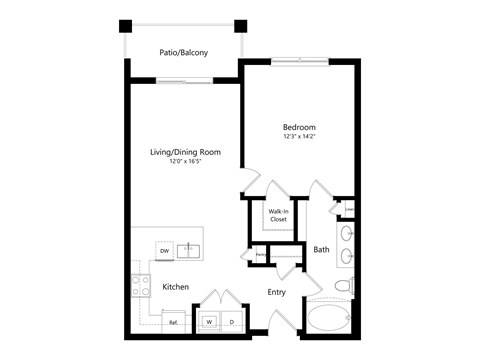 A floor plan of a home with a living room, dining room, kitchen, bathroom, and bedroom.